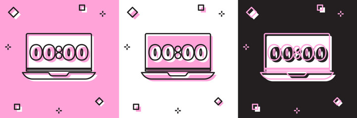 Sticker - Set Clock on laptop screen icon isolated on pink and white, black background. Schedule concepts. Vector