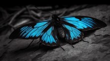  A Blue Butterfly With Black Wings Sitting On A Rock In The Dark.  Generative Ai
