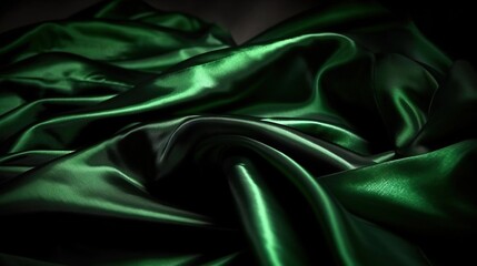  a close up of a green satin material with a black background.  generative ai