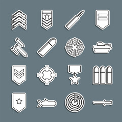 Sticker - Set line Military knife, Bullet, tank, Rocket, rank and Target sport icon. Vector