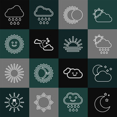 Sticker - Set line Moon and stars, Cloud with moon, rain sun, Eclipse of the, Sun, and Sunset icon. Vector