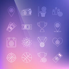 set line basketball game ticket, heart with basketball, location, and, and award cup icon. vector