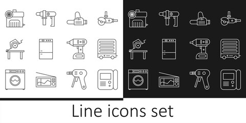 Canvas Print - Set line House intercom system, Electric heater, Chainsaw, Refrigerator, Table for woodwork, Air compressor, cordless screwdriver and drill machine icon. Vector