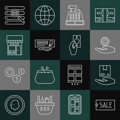 Canvas Print - Set line Price tag with text Sale, Delivery hand boxes, Hand holding coin money, Cash register machine, Bank check pen, Shopping building or market store, Search browser window and icon. Vector