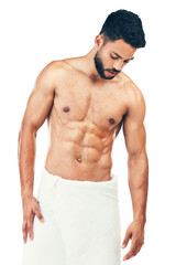 Wall Mural - Abs, shower or man with six pack, body health or beard isolated on transparent png background. Wellness, cleaning or fitness model with stomach muscles, skincare or grooming for beauty in towel