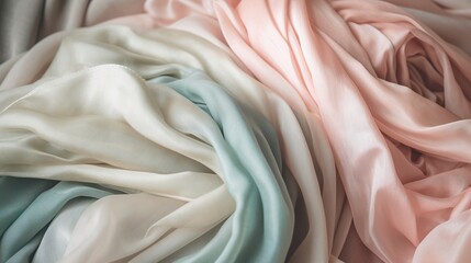  a group of different colored fabric on a bed sheet or blanket.  generative ai