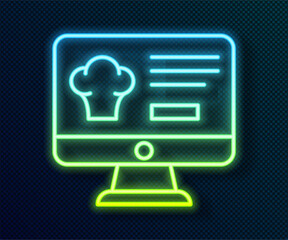 Sticker - Glowing neon line Online ordering and fast food delivery icon isolated on black background. Vector