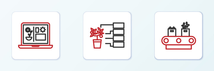 Sticker - Set line Conveyor belt with box, Smart farming technology and Flower analysis icon. Vector