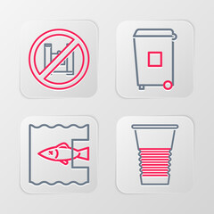 Sticker - Set line Paper glass, Stop ocean plastic pollution, Trash can and Say no bags poster icon. Vector