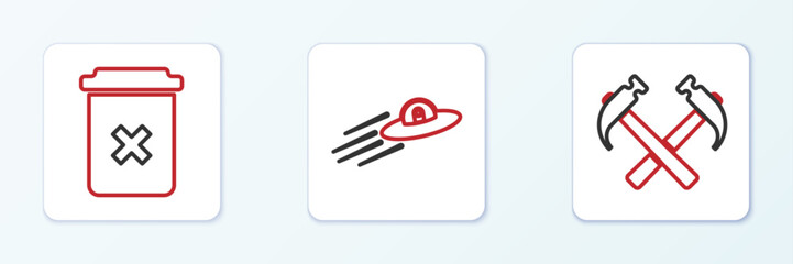 Poster - Set line Two crossed hammers, Trash can and UFO flying spaceship and alien icon. Vector