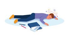 Vector Illustration Of A Fainting Boy. Cartoon Scene With A Guy Who Got Sick And Lost Consciousness, Lying On The Floor With Scattered Things Isolated On A White Background.