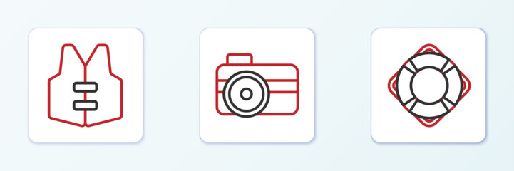 Sticker - Set line Lifebuoy, jacket and Photo camera for diver icon. Vector