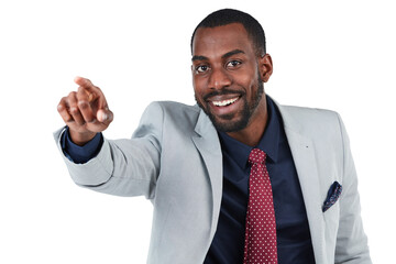 Wall Mural - Point, hands and portrait of business black man on isolated, png and transparent background. Corporate, direction and face of male person pointing for instruction, showing gesture and information