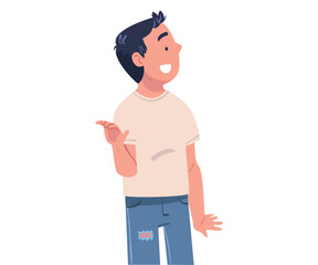 Sticker - Happy Teen Boy Standing and Smiling Showing Hand Gesture Vector Illustration