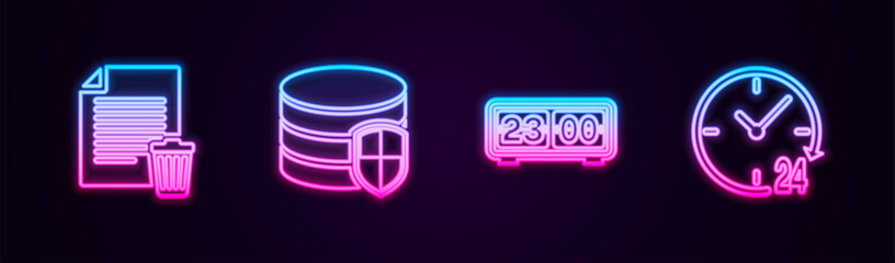 Sticker - Set line Delete file document, Database protection, Retro flip clock and Clock 24 hours. Glowing neon icon. Vector