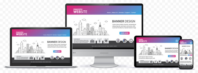 Poster - Responsive Website Design With Computer Monitor, Laptop, Tablet PC and Mobile Phone Screen. Vector Illustration Set With Transparent Background.