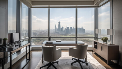 Poster - Modern office design featuring panoramic cityscape view generated by AI