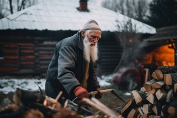 Canvas Print - An old man with a long white beard chopping wood. AI generative image.