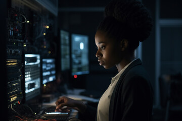 Side view on black woman IT developer working with computer in dark office, created with Generative AI Technology