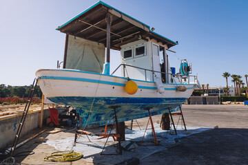 Wall Mural - Boat renovation in port of Latchi commune, Polis city, Cyprus