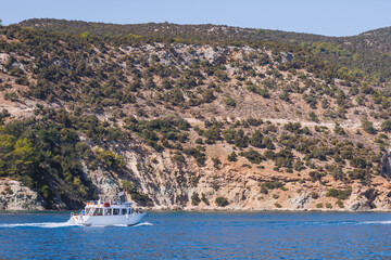 Wall Mural - Boats for tourists along Akamas National Forest on Akamas Peninsula, Cyprus