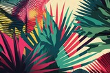 Fototapeta Natura - Tropical plants and palm trees, for retro texture background photo wallpaper. Green theme. Wallpaper pattern painted in watercolour. Generative AI illustration