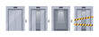 Elevator doors. Vector set of open, half closed and broken metallic elevator doors for building, office. Passenger or cargo lift gates with button panel, floor indicators digits. Elevator repair