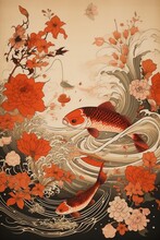Japanese Watercolor Background With A Fish