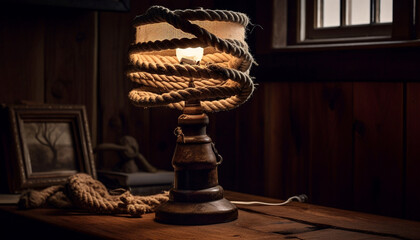 Wall Mural - Antique candle illuminates rustic table in darkness generated by AI