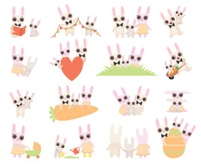 Poster - Cute Hare Family with Mother, Father and Cub Engaged in Different Activity Together Big Vector Set