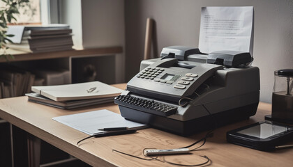 Poster - Old fashioned typewriter on desk in modern office generated by AI