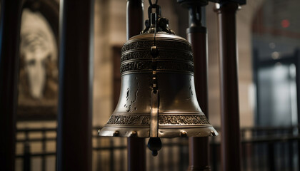 Sticker - Bronze handbell rings with historic spirituality in chapel generated by AI