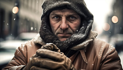 Poster - Smiling men brave winter snow and rain generated by AI