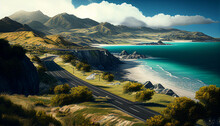 Highway Road In The Mountains, A Beautiful Road Runs Along The Western Shore, Generative AI