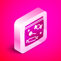 Wall Mural - Isometric Candy packaging for sweets icon isolated on pink background. Bag with candy. Silver square button. Vector