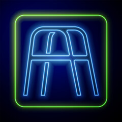 Poster - Glowing neon Walker for disabled person icon isolated on blue background. Vector