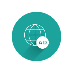 Aufkleber - White Advertising icon isolated with long shadow. Concept of marketing and promotion process. Responsive ads. Social media advertising. Green circle button. Vector
