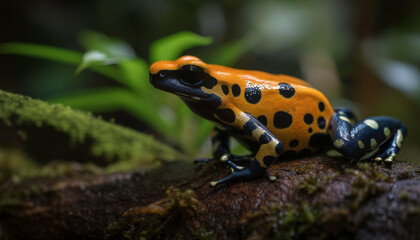 Sticker - Spotted toad sitting on wet branch outdoors generated by AI