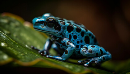 Sticker - Endangered toad sits on wet leaf, looking generated by AI