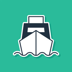 Sticker - Blue Cargo ship with boxes delivery service icon isolated on green background. Delivery, transportation. Freighter with parcels, boxes, goods. Vector