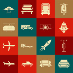 Canvas Print - Set Car, Bicycle, Cargo ship, Bus, School, Tram and railway, Hang glider and Old retro vintage plane icon. Vector