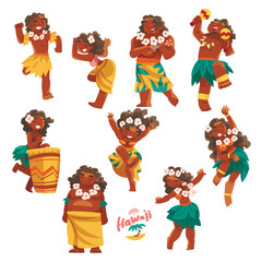 Canvas Print - Hawaiian People Character with Lei Garland or Wreath Hula Dancing and Cheering Vector Set