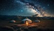 Traditional mongolian yurts on a grassy filed with mountains in the background under the Milky Way at night. Generative AI