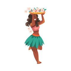 Sticker - Hawaiian Woman Character with Carrying Lei Garland or Wreath Vector Illustration