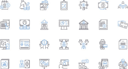  Fiscal realm line icons collection. Budgeting, Revenue, Taxes, Deficit, Surplus, Forecasting, Fiscal year vector and linear illustration. Inflation,Debt,Audit outline signs set