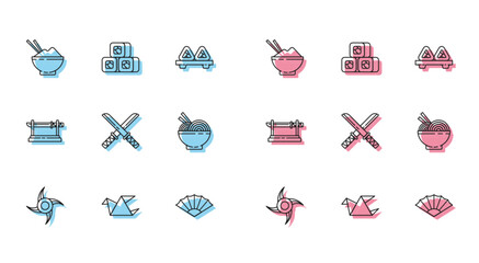 Sticker - Set line Japanese ninja shuriken, Origami bird, Rice bowl with chopstick, Paper chinese or japanese folding fan, Traditional katana, Asian noodles and chopsticks, and Sushi icon. Vector