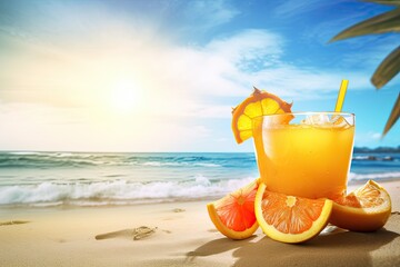 Tropical summer beach background with fresh cocktail. Ai generative.