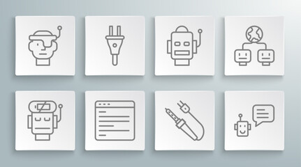 Poster - Set line Robot low battery charge, Electric plug, Computer api interface, Soldering iron, Bot, Artificial intelligence and Smart glasses icon. Vector