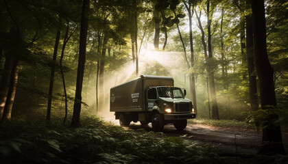 Sticker - Blurred trucks carrying cargo through forest wilderness generated by AI