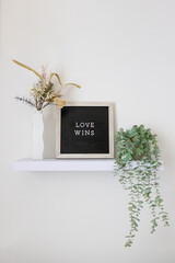 love wins lettering on a black and tan letter board sitting on a floating shelf with plants. modern home decor ally support lgbt